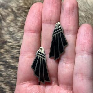 Vintage gold toned black enamel art deco wing earrings
